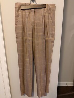 A.L.C. Plaid Wide-Leg Trousers in Tan and Cream Windowpane